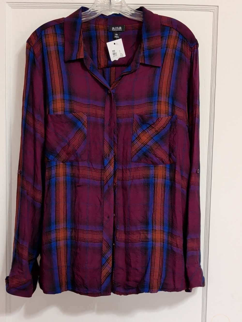 a.n.a Women's XXL Plaid Button-Down Shirt - Burgundy with Blue & Orange Accents